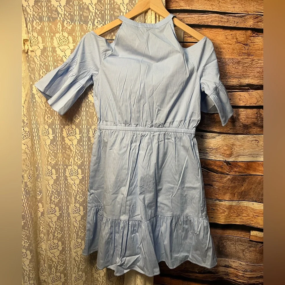 Ann Taylor Blue and White Pin Stripe Cold Shoulder Ruffle Dress (102) - Picture 8 of 9
